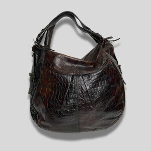 Francesco Biasia Brown Croc Embossed Leather Hobo Slouchy Luxe Shoulder Bag
